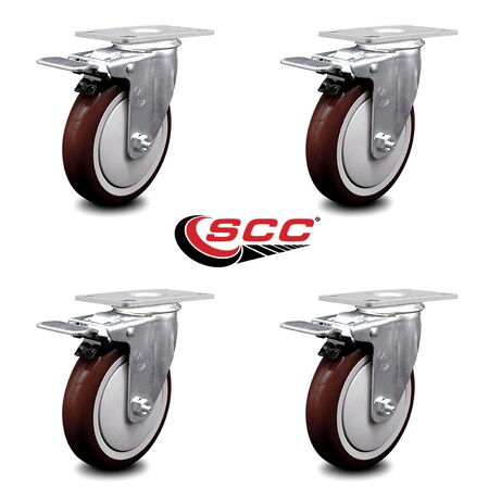 Service Caster 5 Inch Maroon Polyurethane Swivel Top Plate Caster Set with Total Lock Brake SCC SCC-TTL20S514-PPUB-MRN-4